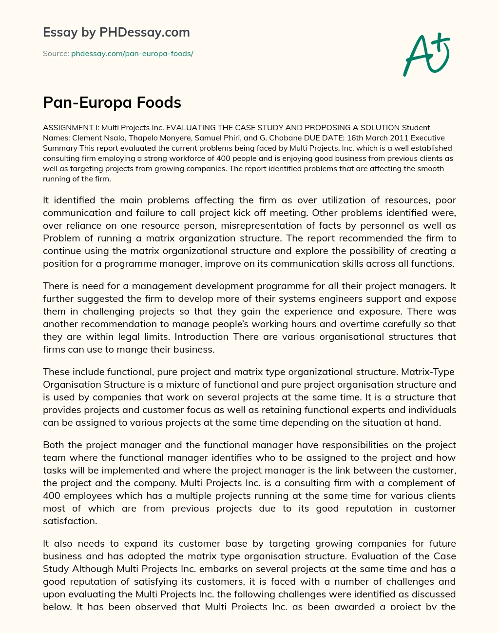 Pan-Europa Foods essay