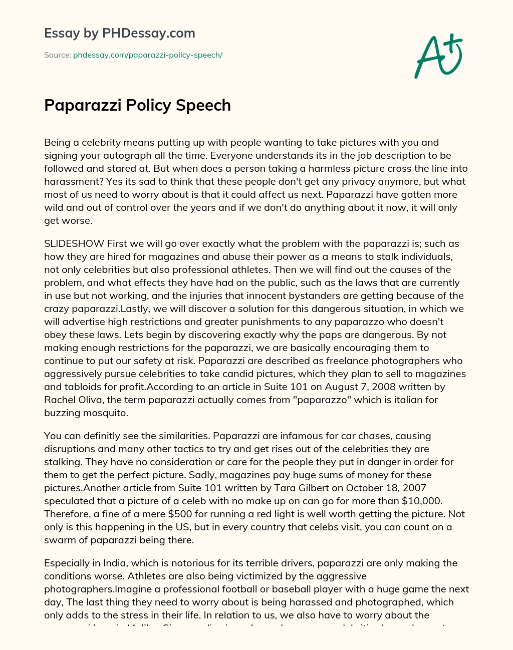 Paparazzi Policy Speech essay