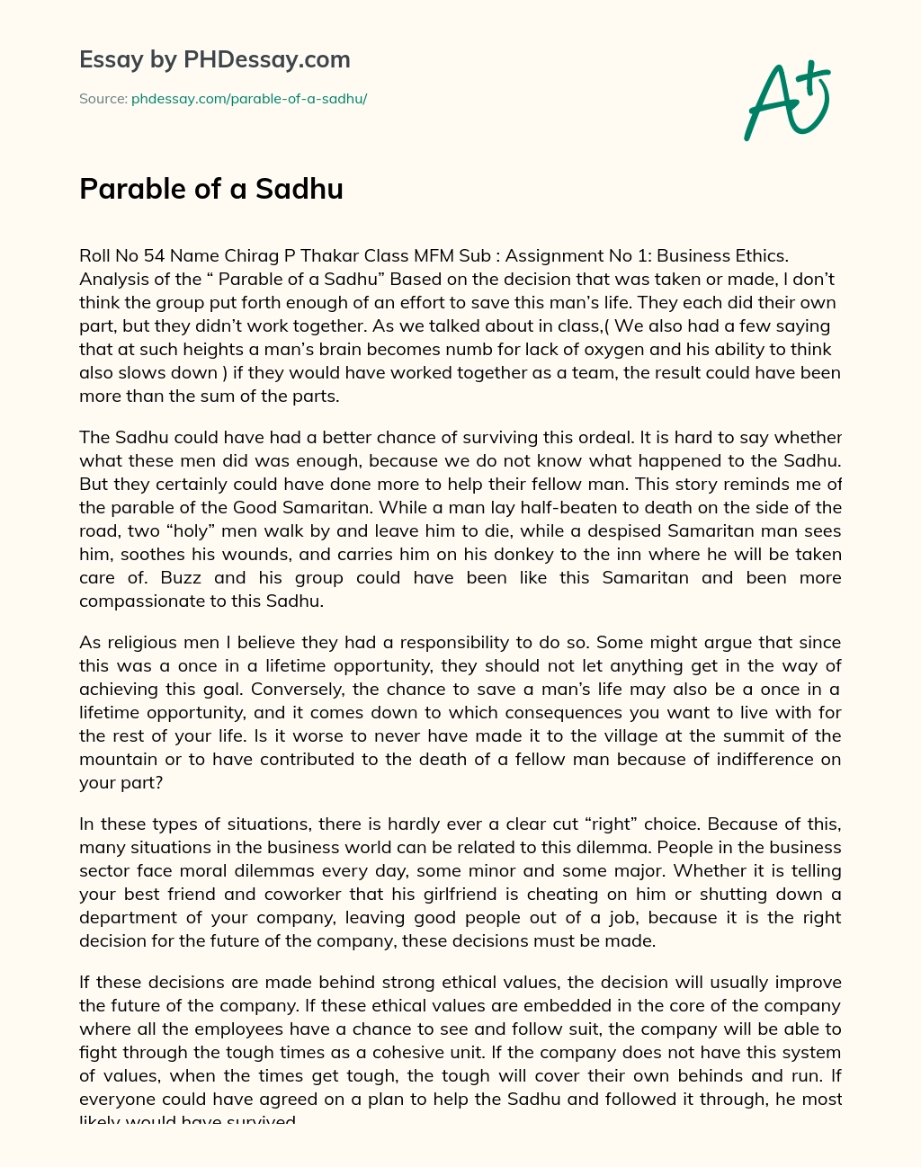 Parable of a Sadhu essay