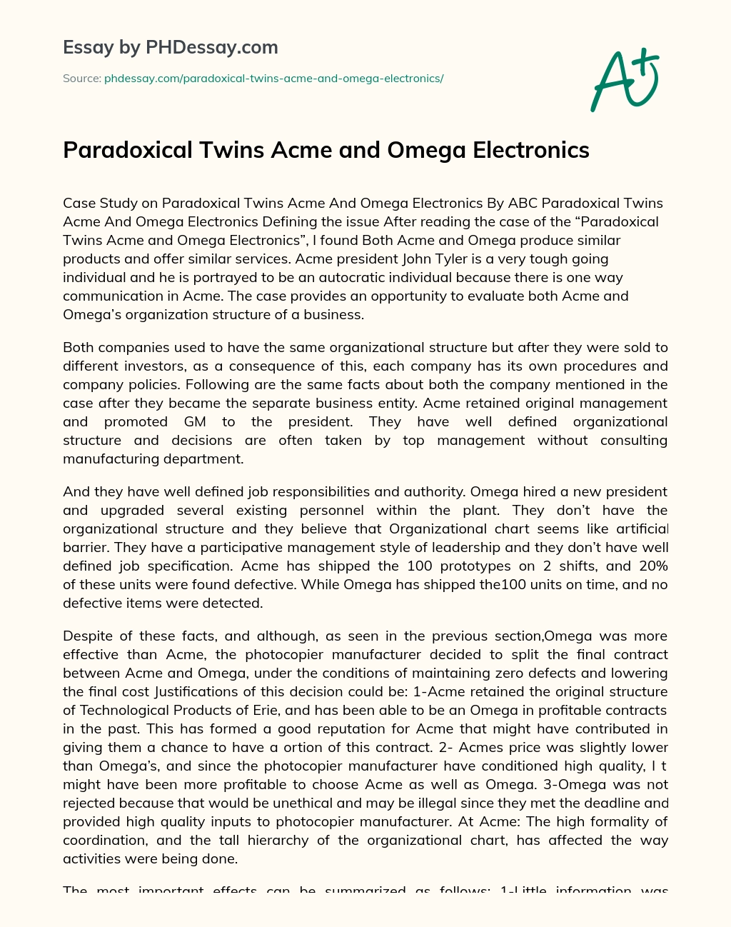 Paradoxical Twins Acme and Omega Electronics essay