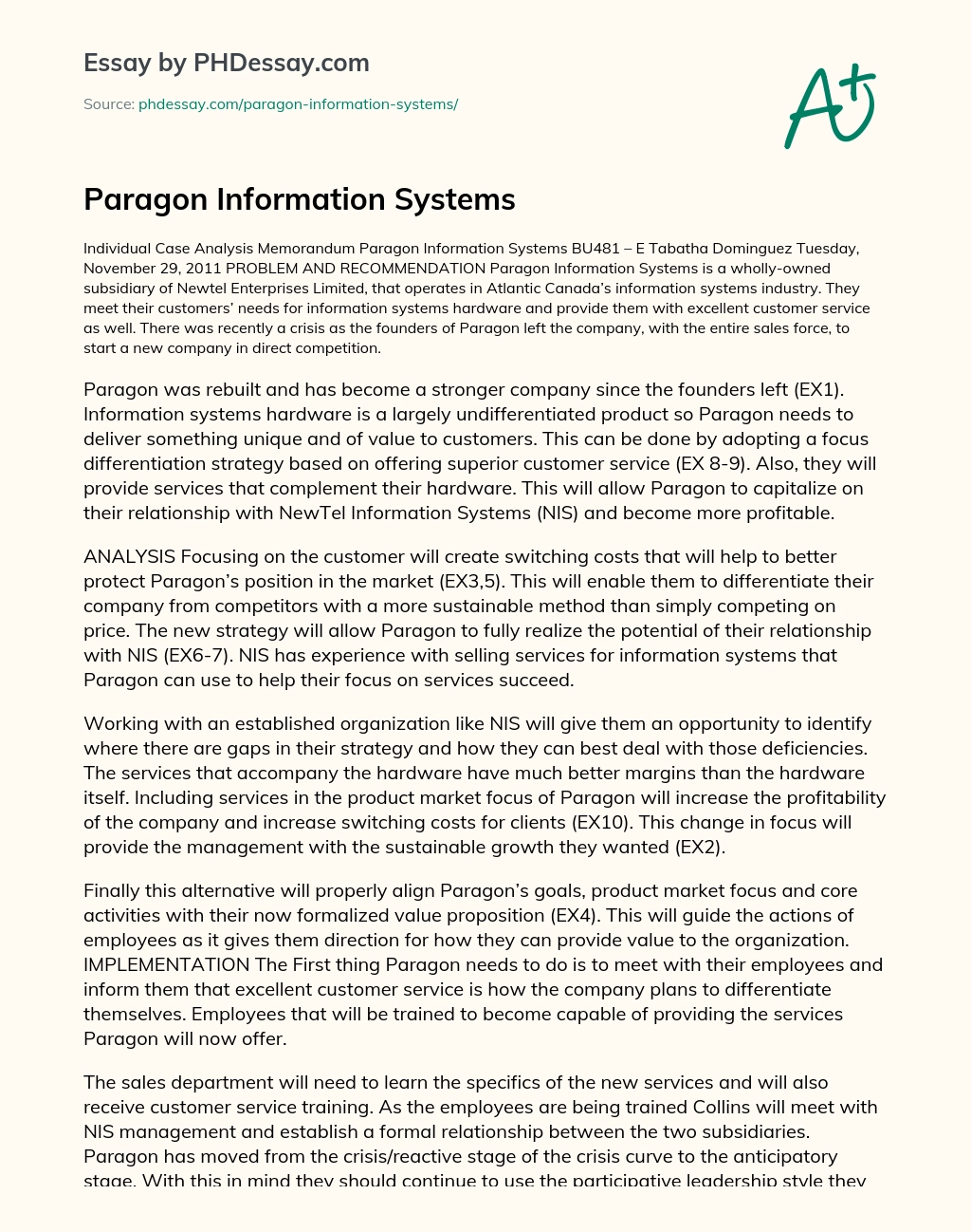Paragon Information Systems essay