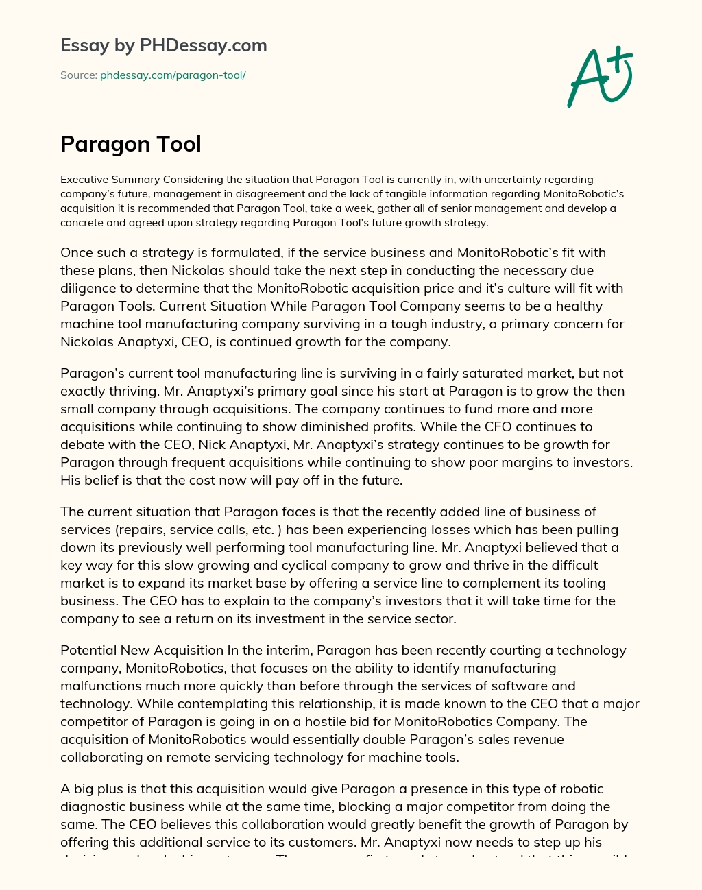 Recommendation for Paragon Tool’s Future Growth Strategy Amidst Uncertainty and Disagreement essay