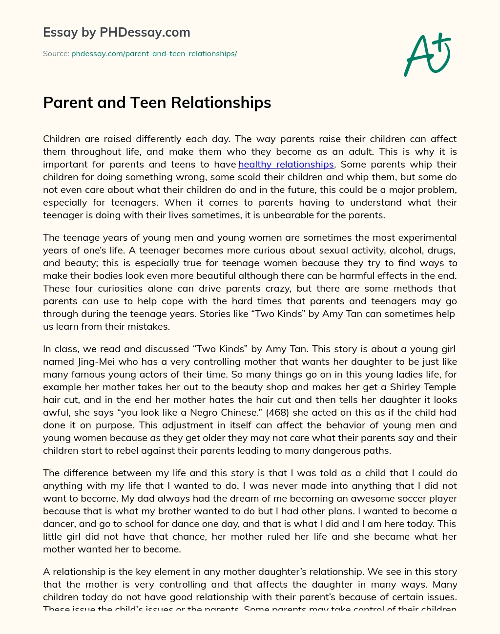 Parent and Teen Relationships essay