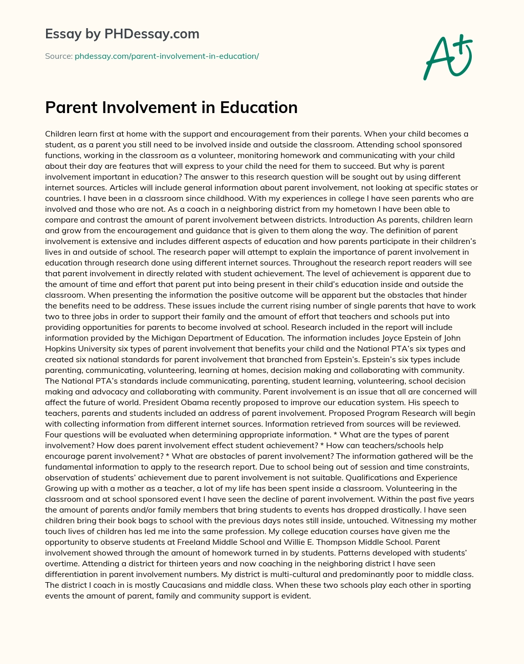 Parent Involvement in Education essay