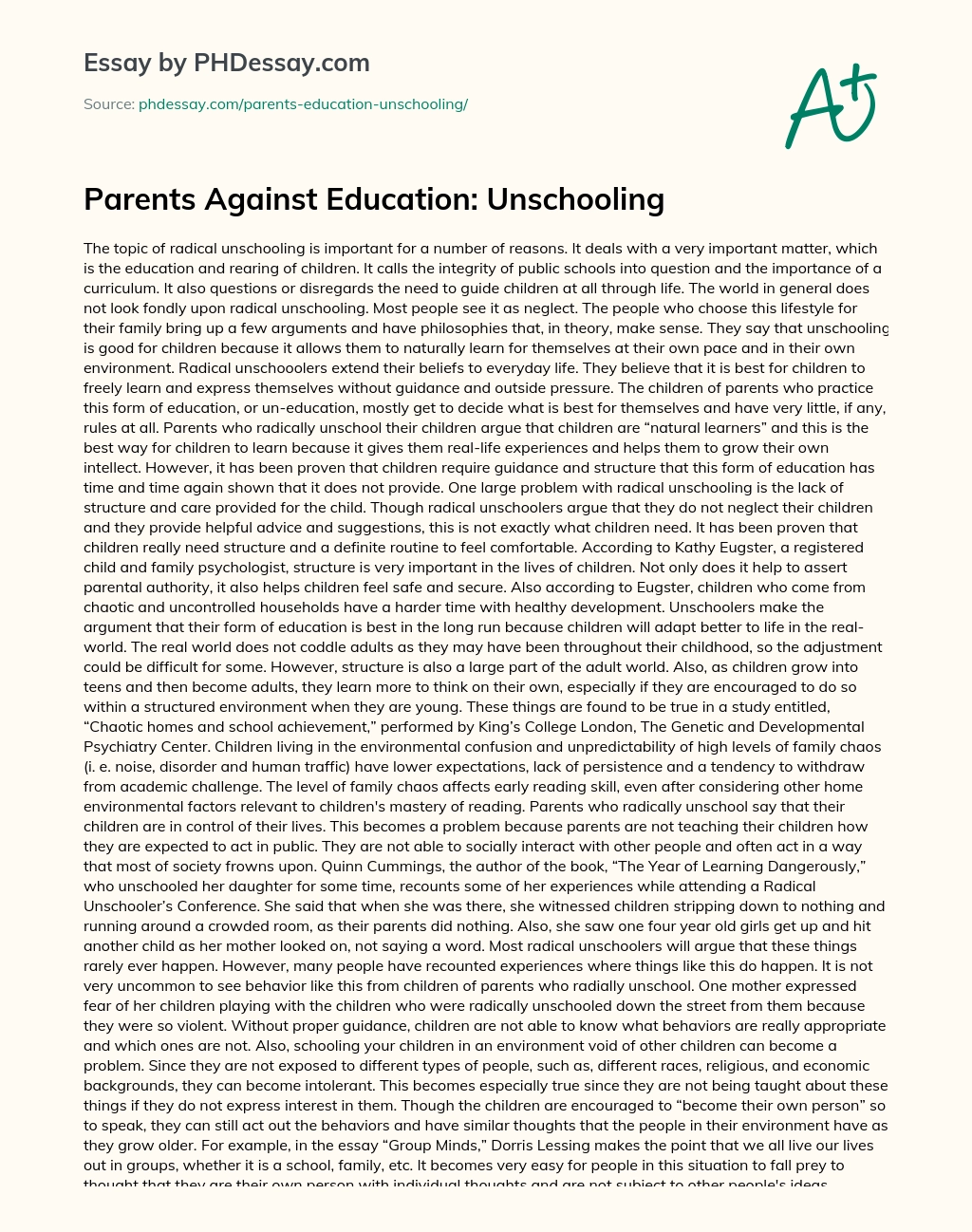 Parents Against Education: Unschooling essay
