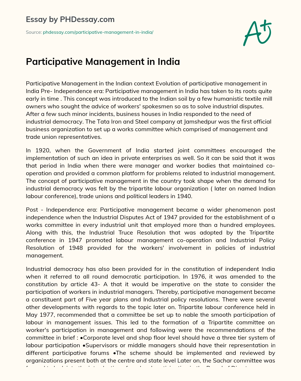 Participative Management in India essay