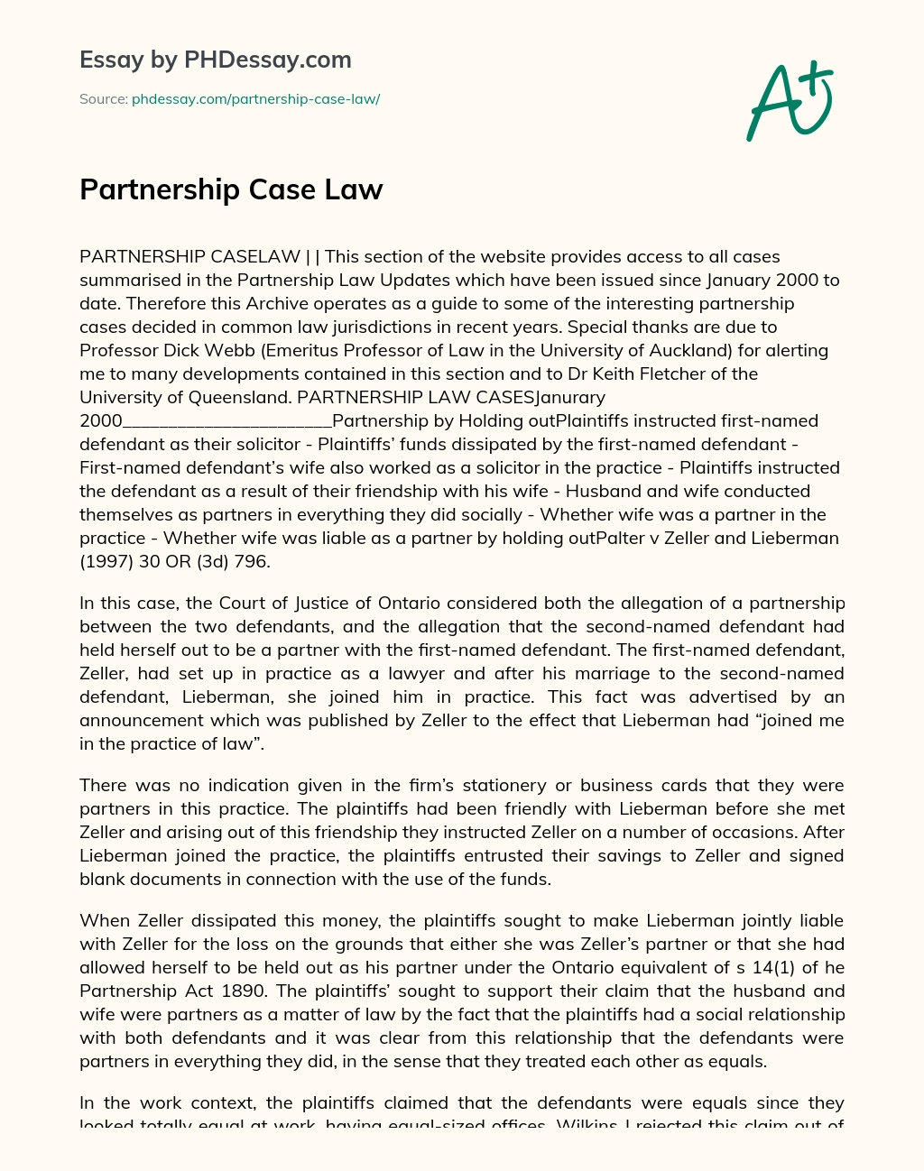 Partnership Case Law essay