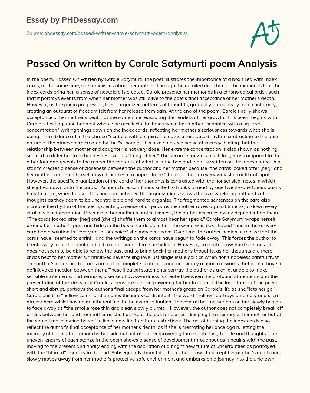 Passed On written by Carole Satymurti poem Analysis essay