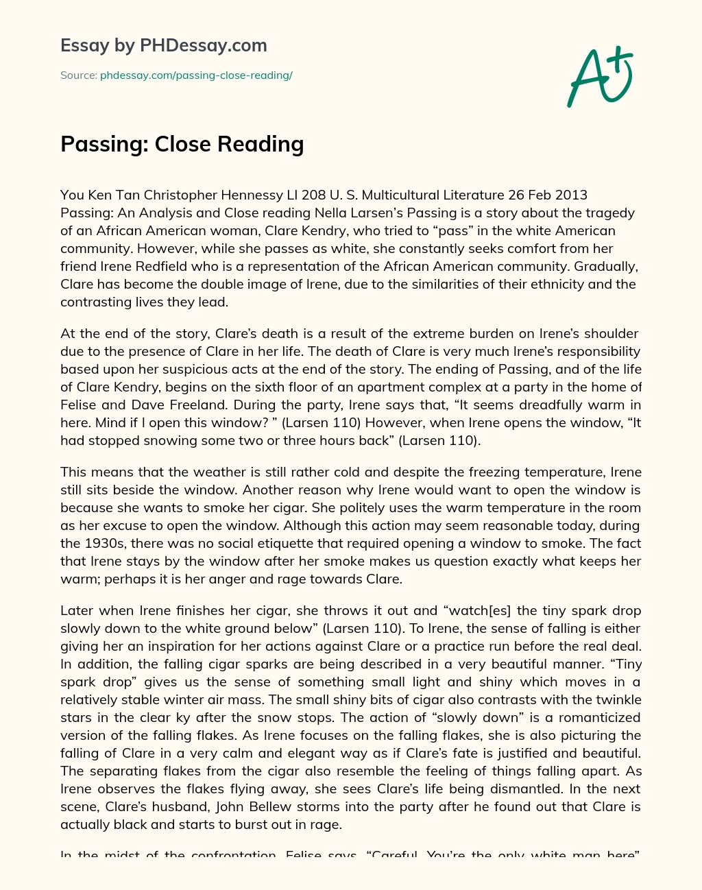 Passing: Close Reading essay