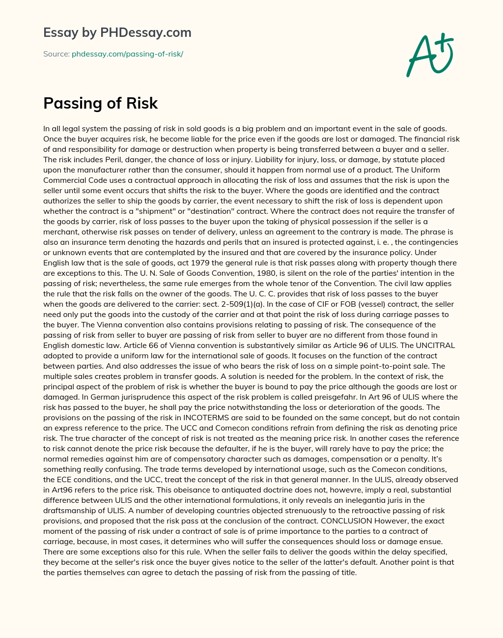 Passing of Risk essay