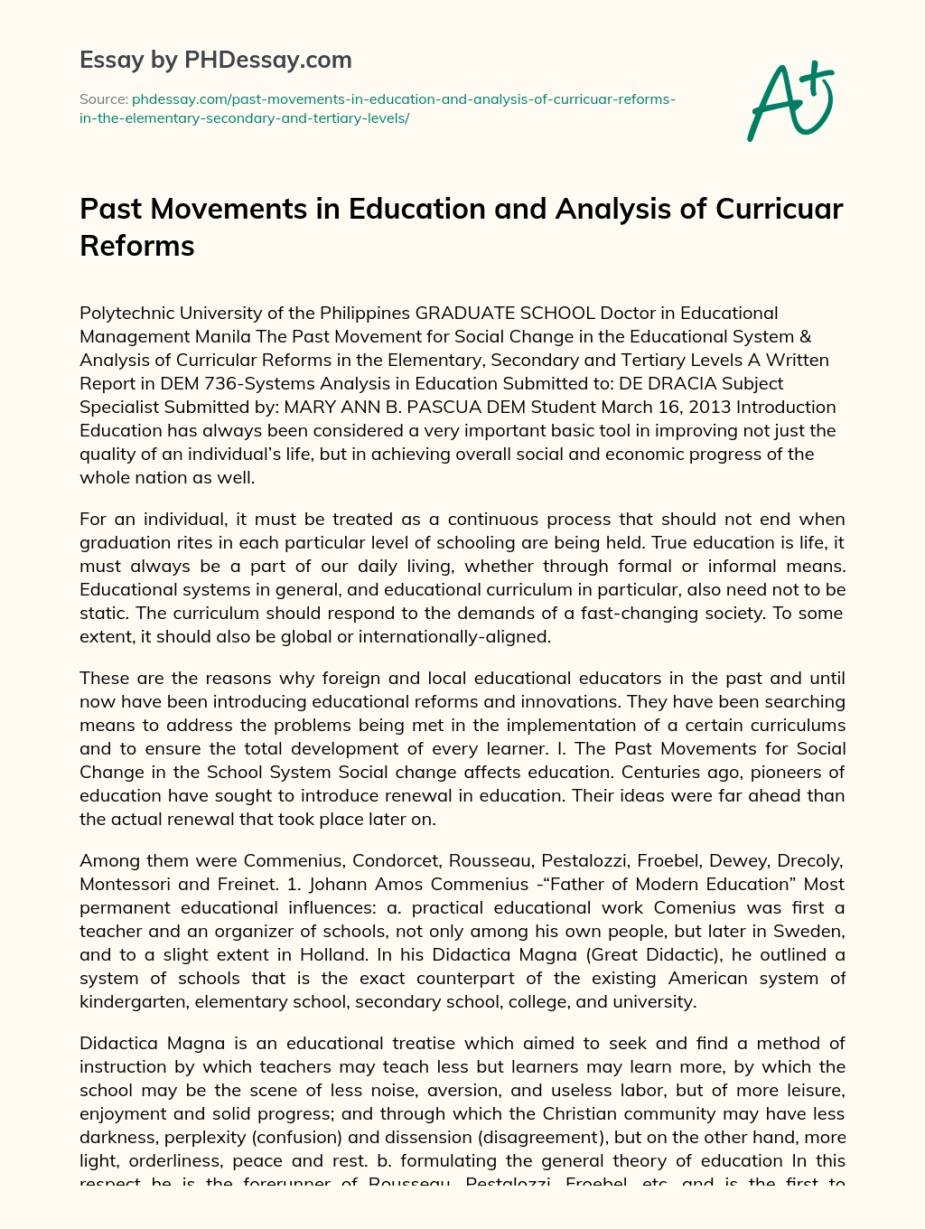 Past Movements in Education and Analysis of Curricuar Reforms essay