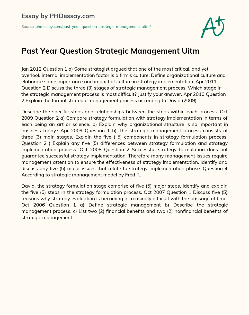 Past Year Question Strategic Management Uitm essay