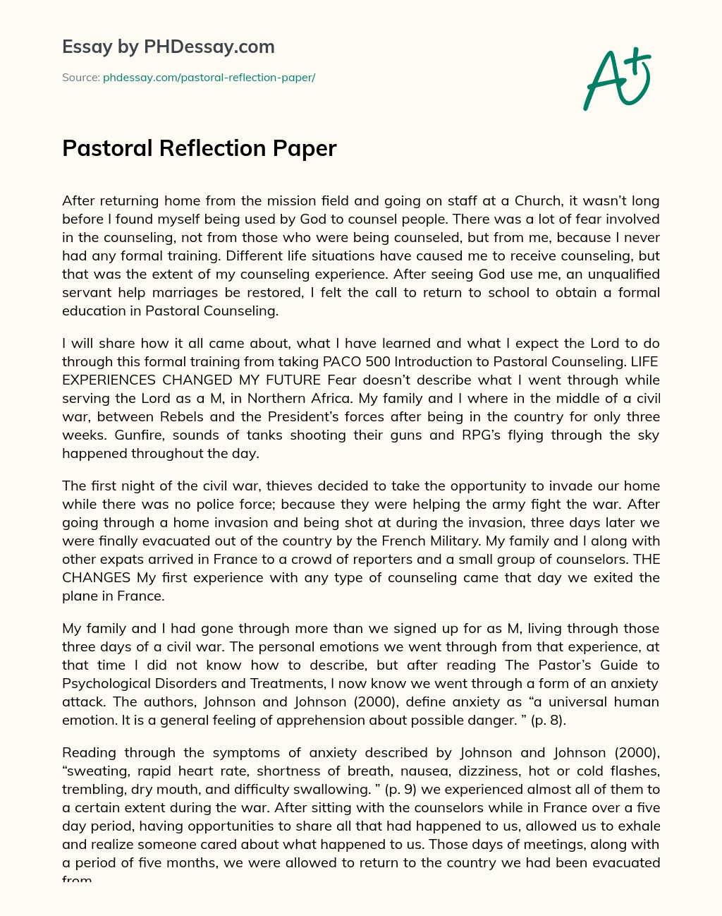 Pastoral Reflection Paper essay