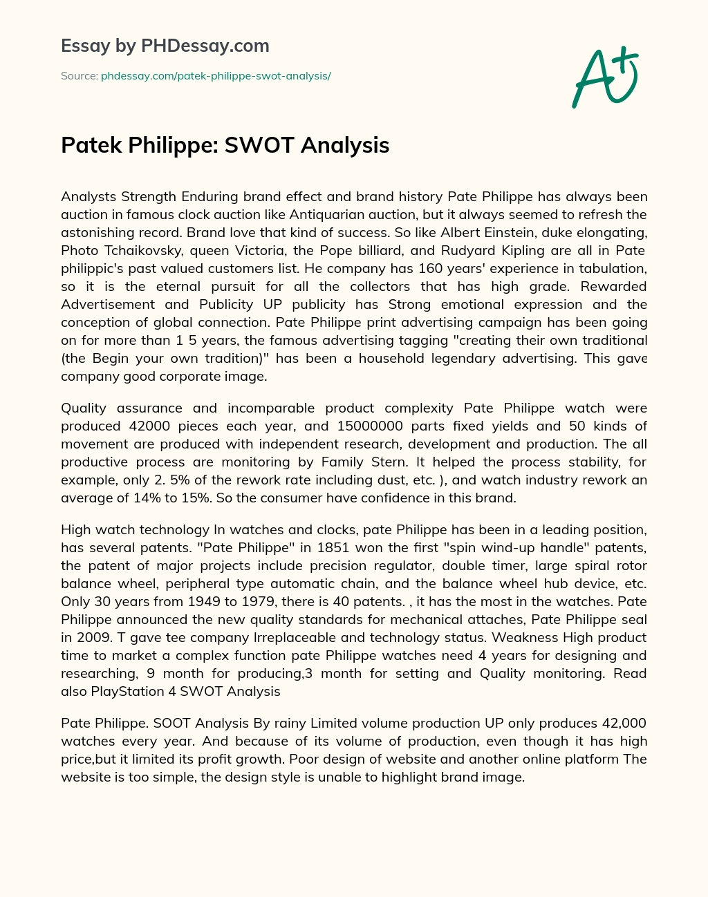 Patek Philippe: SWOT Analysis essay