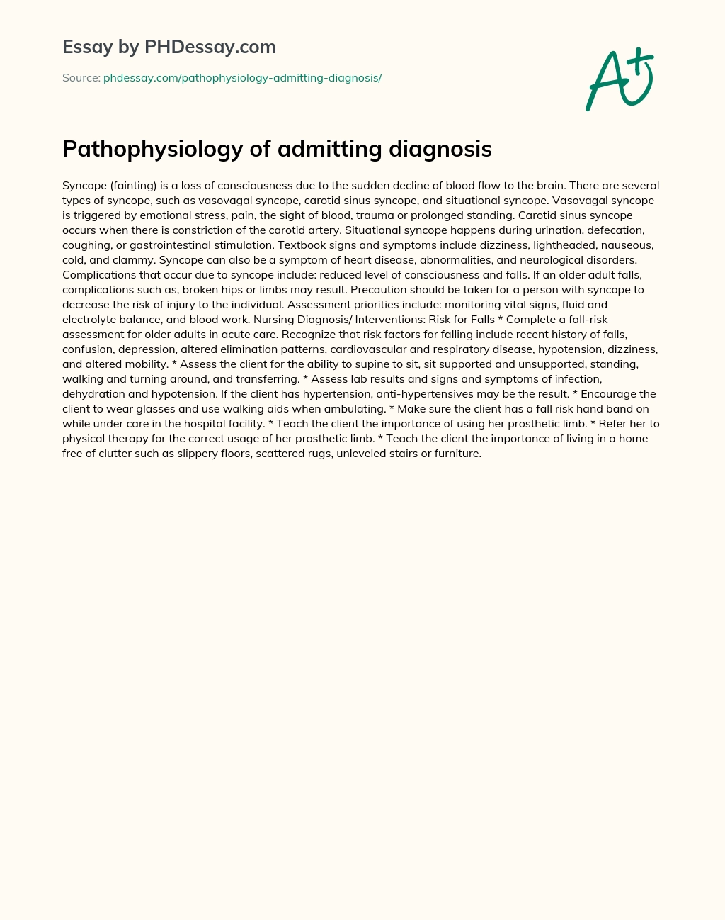 Pathophysiology of admitting diagnosis essay