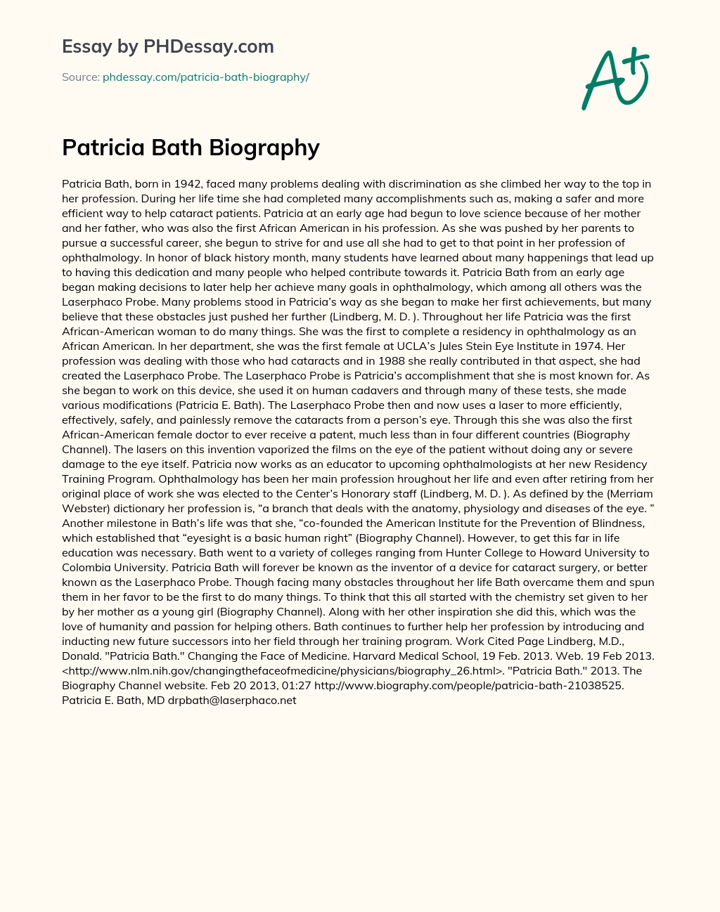 Patricia Bath Biography essay