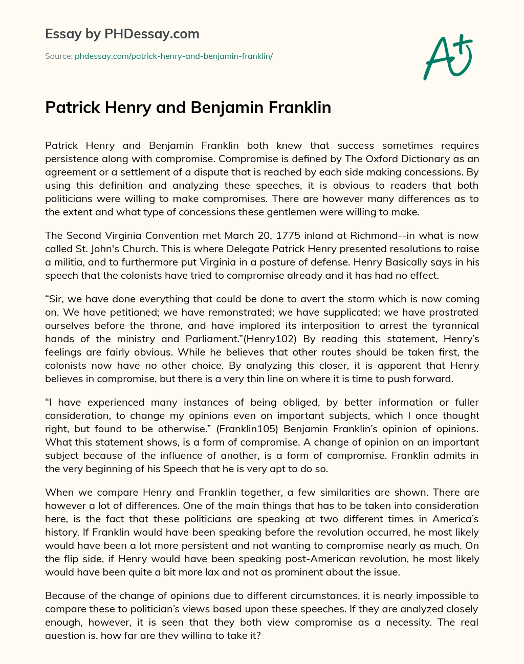 Patrick Henry and Benjamin Franklin essay