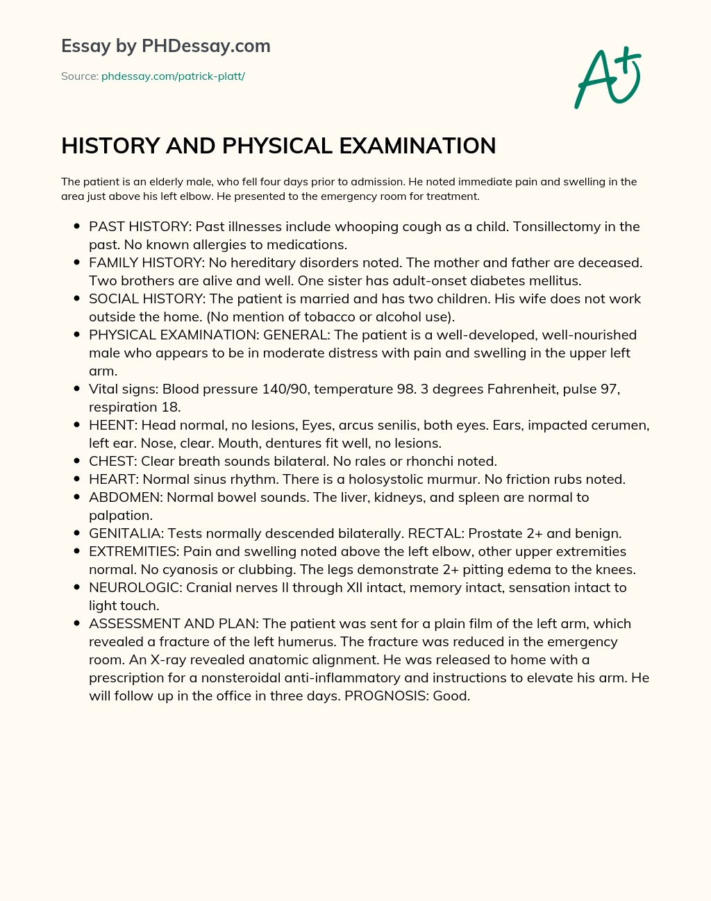 HISTORY AND PHYSICAL EXAMINATION essay
