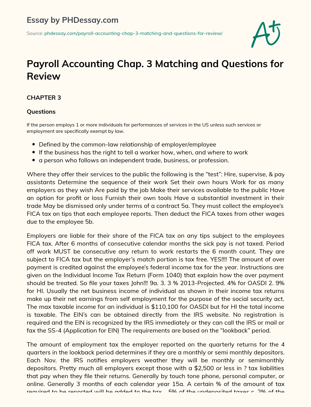 Payroll Accounting Chap. 3 Matching and Questions for Review essay
