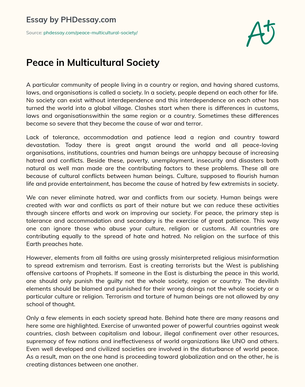 Peace in Multicultural Society essay