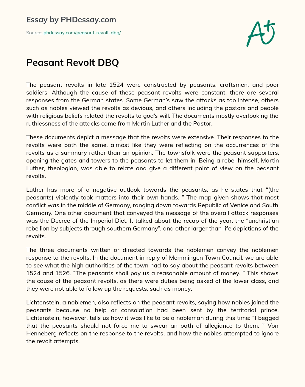 Peasant Revolt DBQ essay
