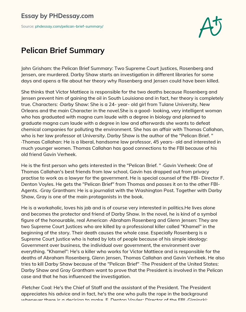 Pelican Brief Summary essay