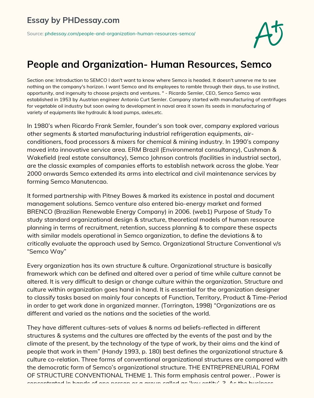 People and Organization- Human Resources, Semco essay