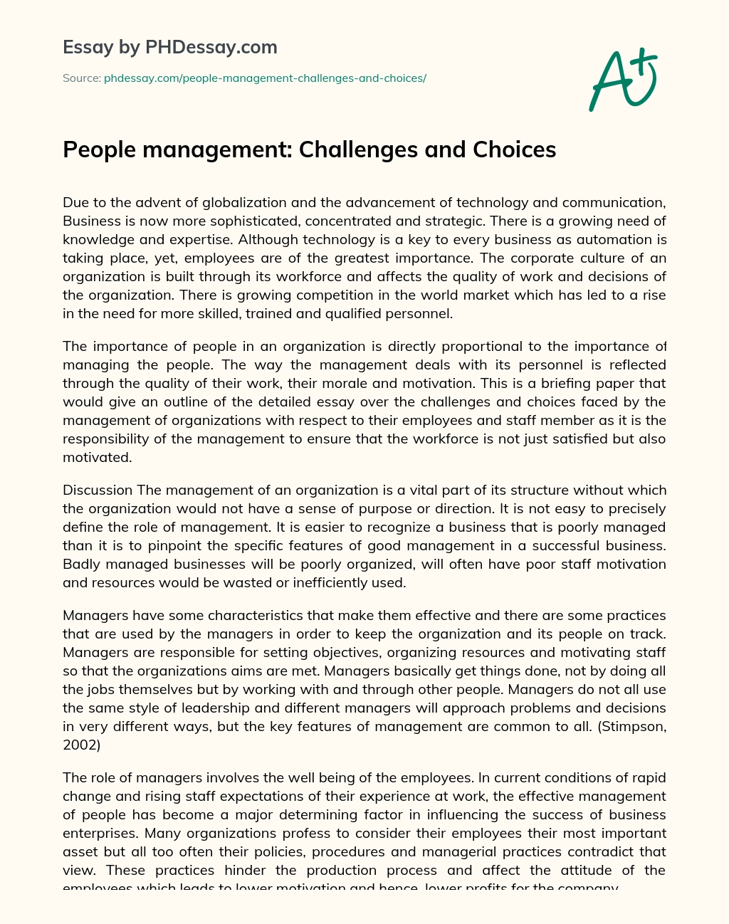 People management: Challenges and Choices essay