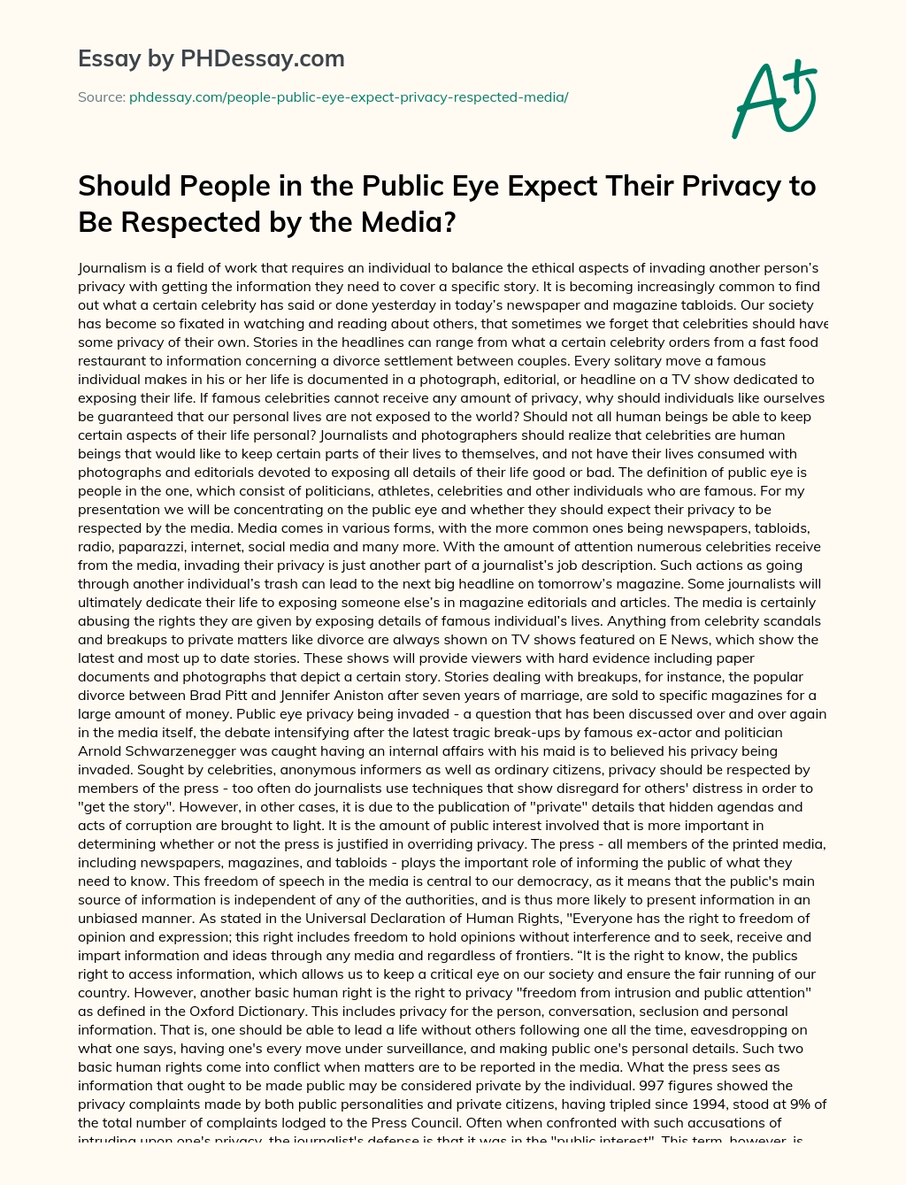 Should People in the Public Eye Expect Their Privacy to Be Respected by the Media? essay