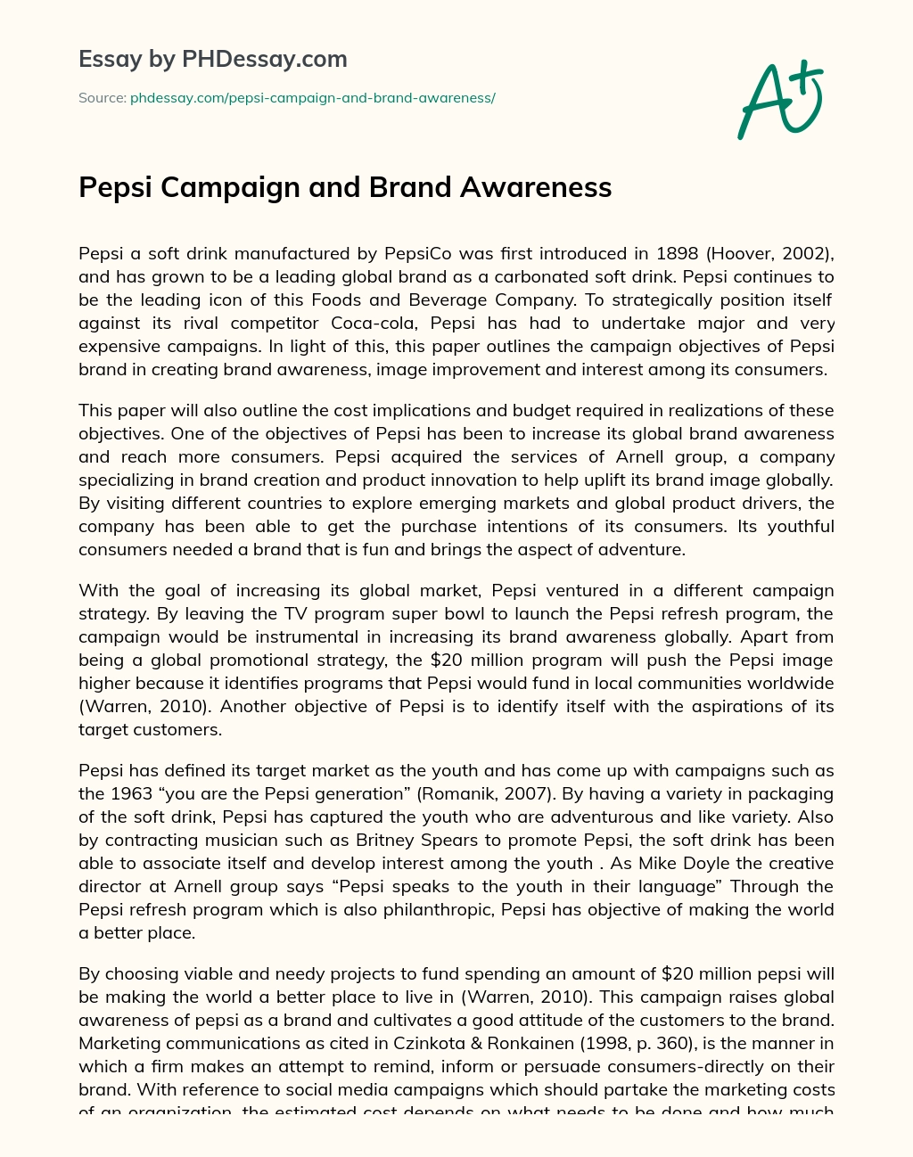 Pepsi Campaign and Brand Awareness essay