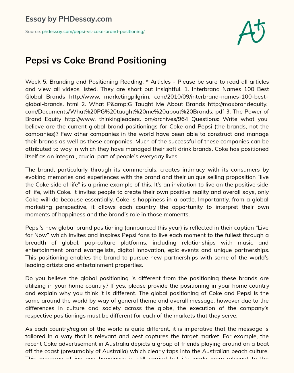 Pepsi vs Coke Brand Positioning essay