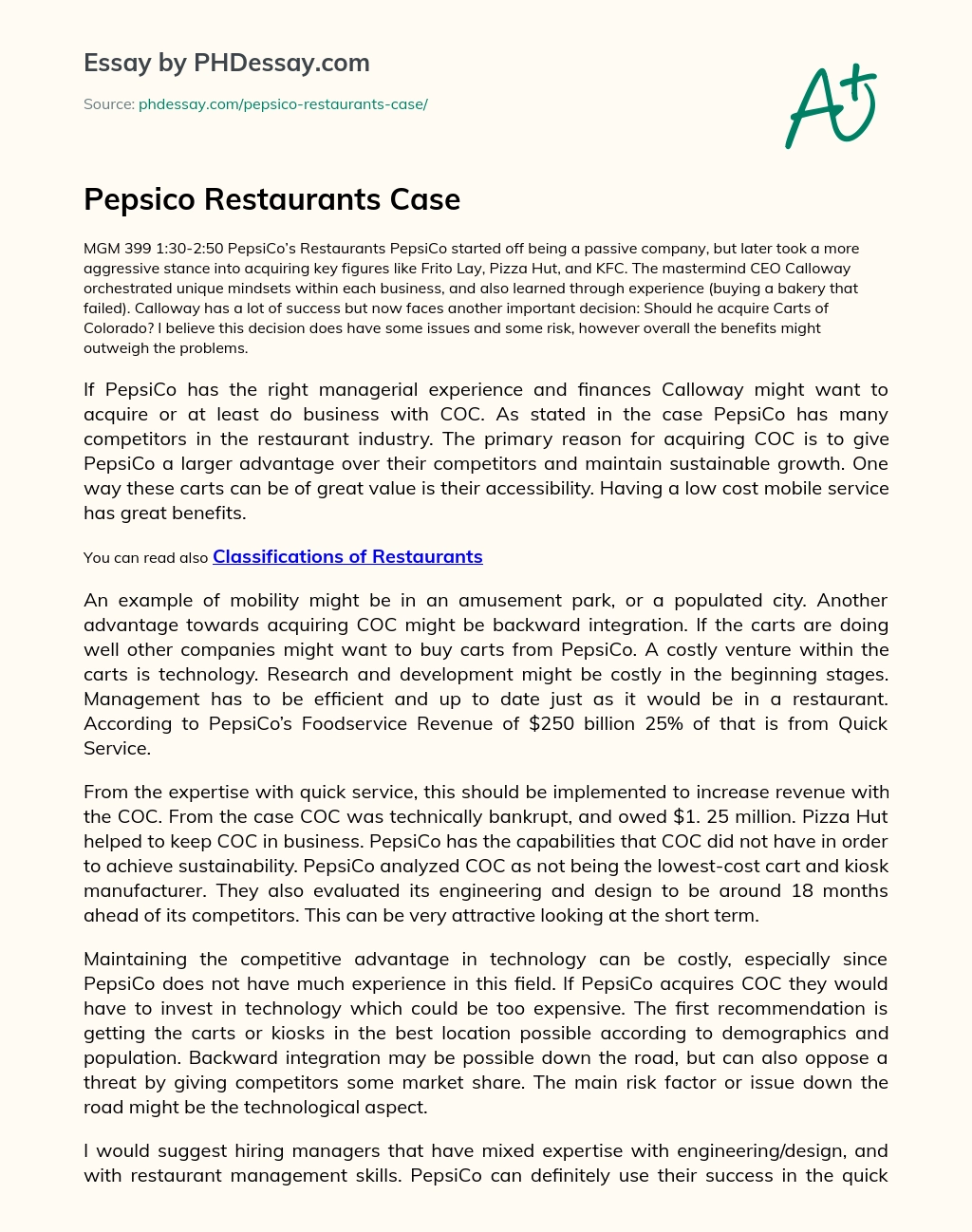 Pepsico Restaurants Case essay