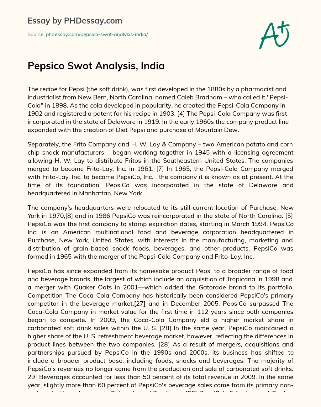 Pepsico Swot Analysis, India essay