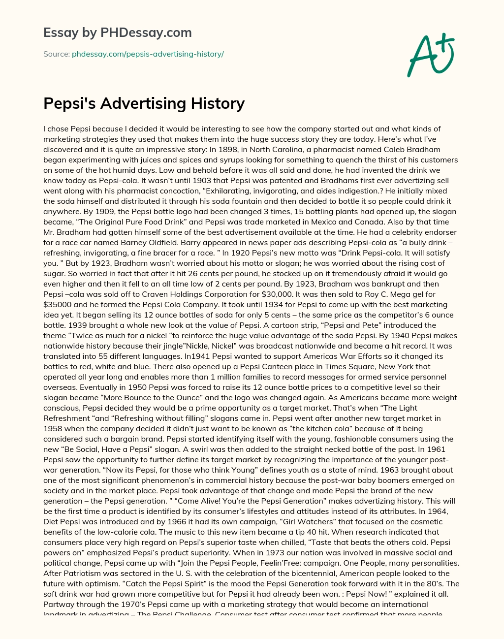 Pepsi’s Advertising History essay