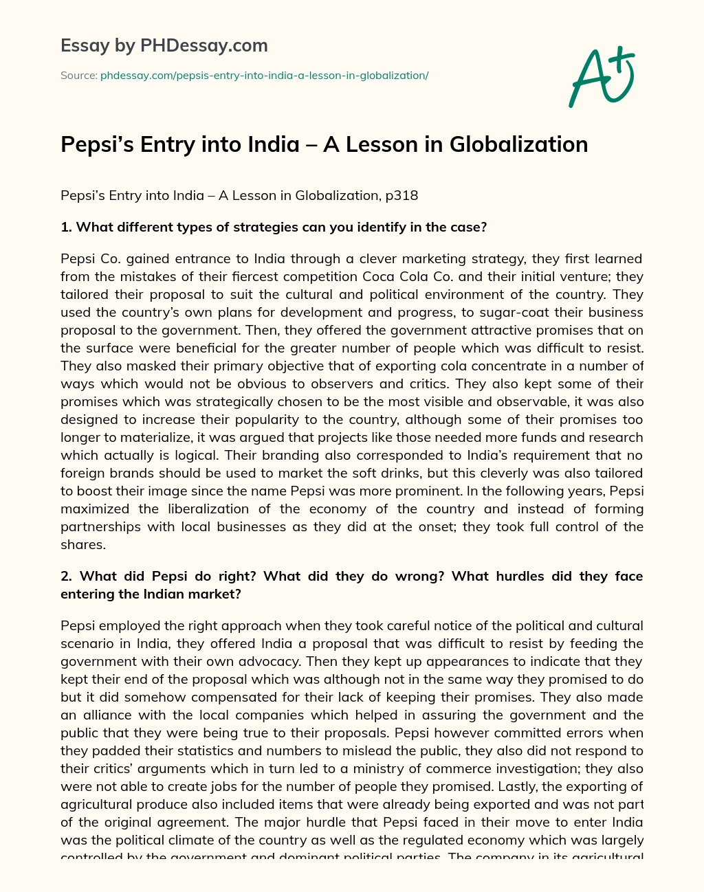 Pepsi’s Entry into India – A Lesson in Globalization essay