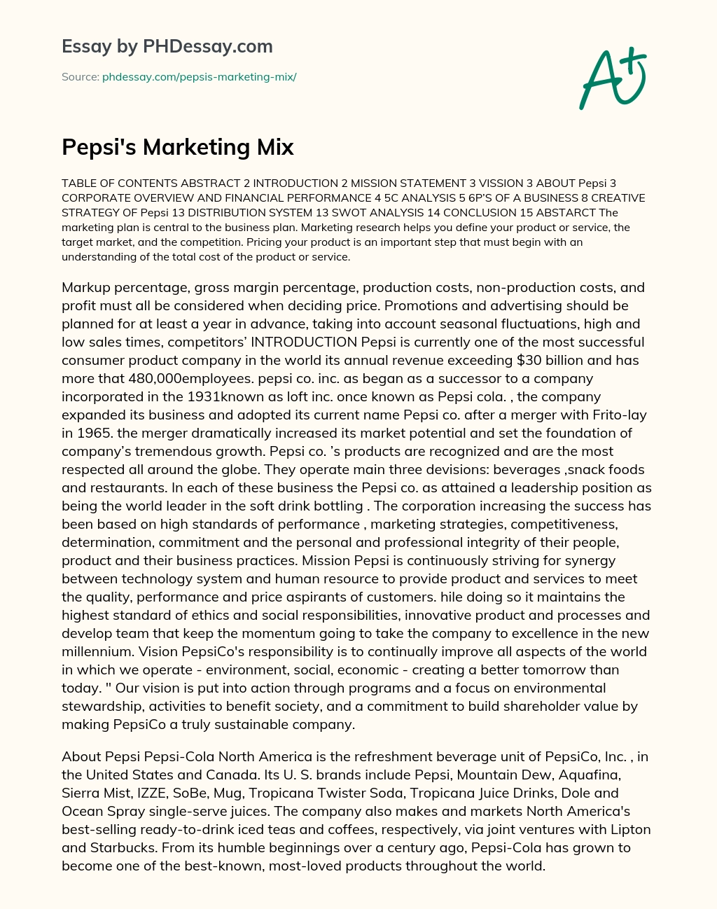 Pepsi’s Marketing Mix essay