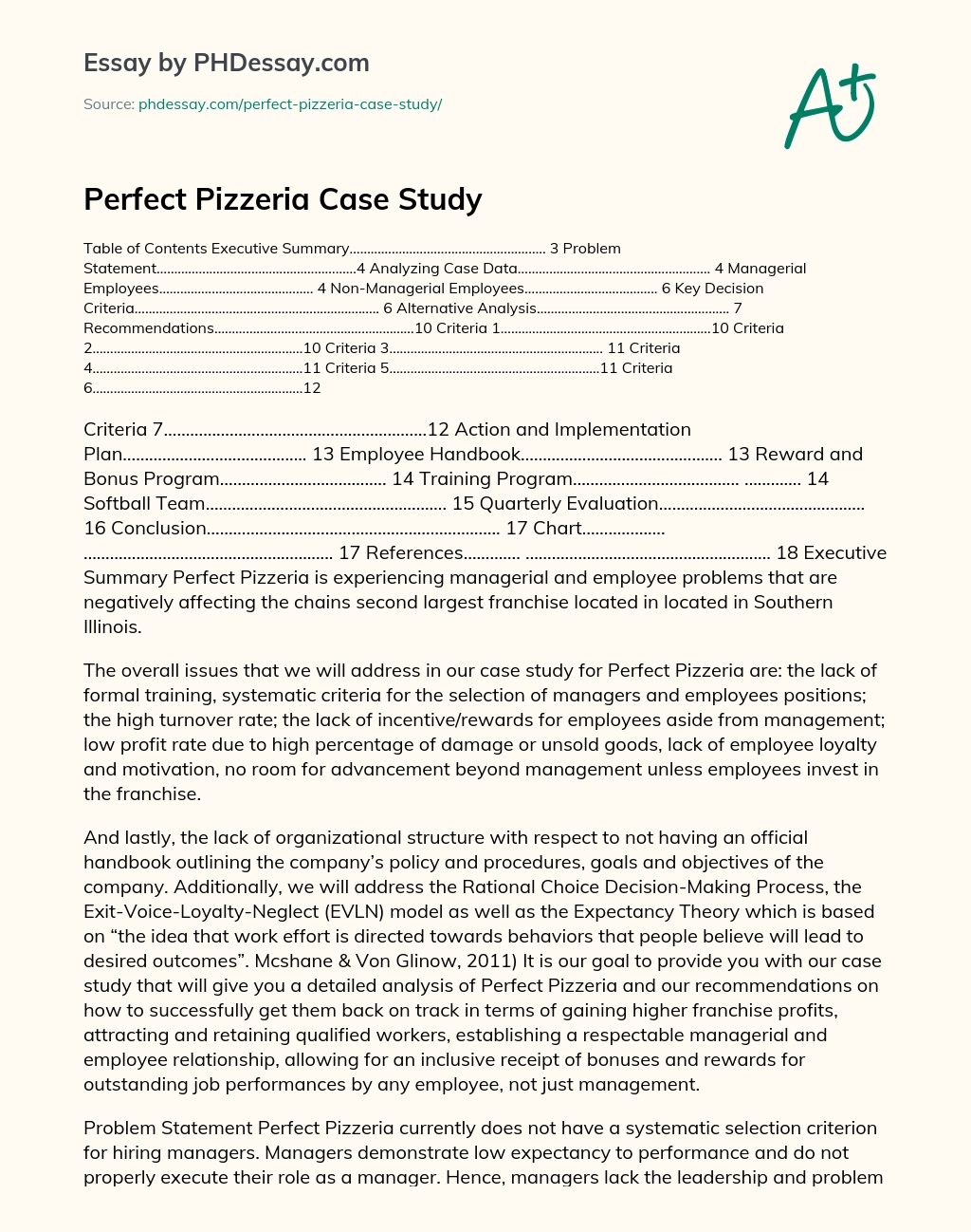 Perfect Pizzeria Case Study essay