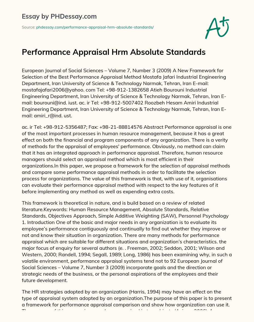 Performance Appraisal Hrm Absolute Standards essay