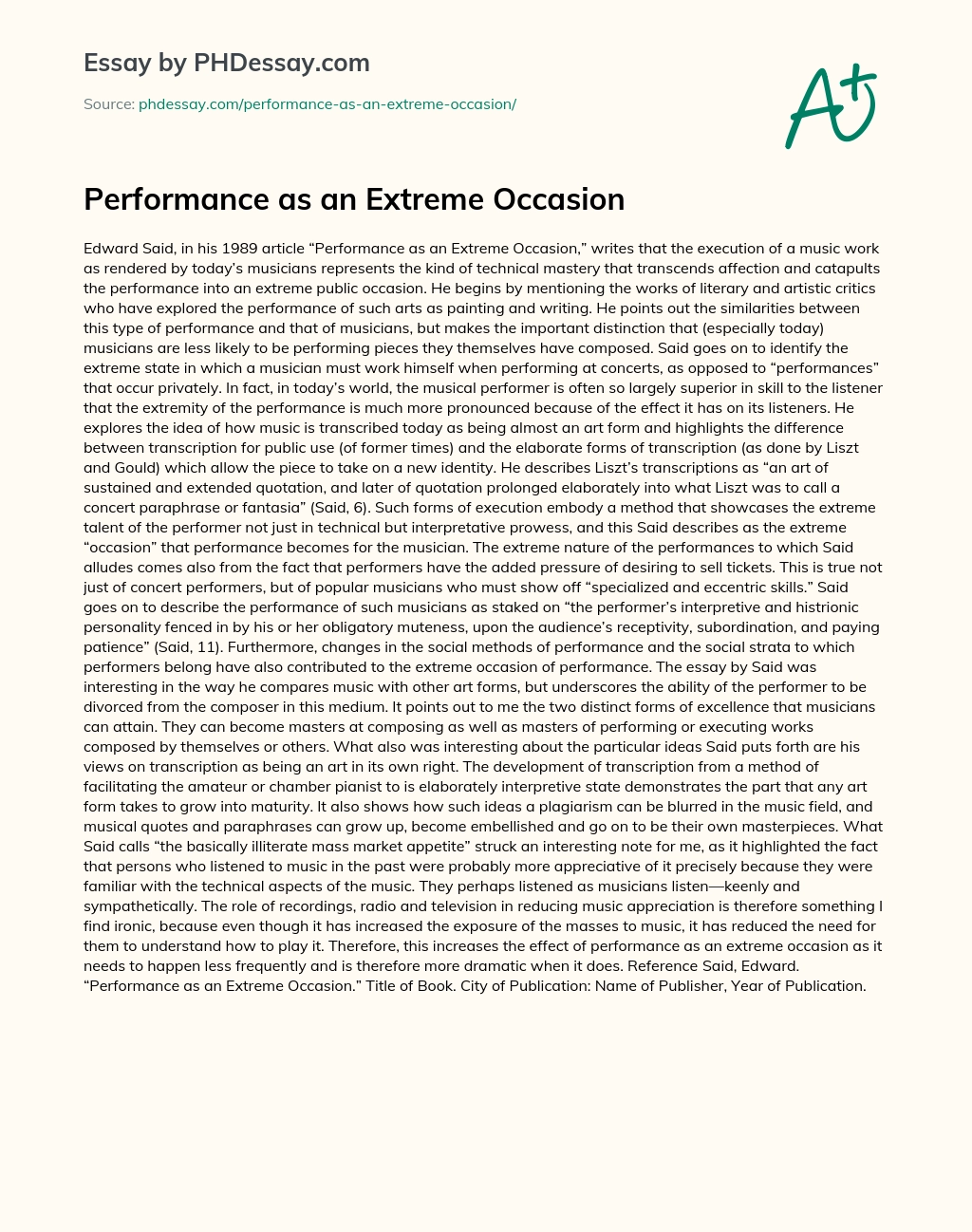 Performance as an Extreme Occasion essay