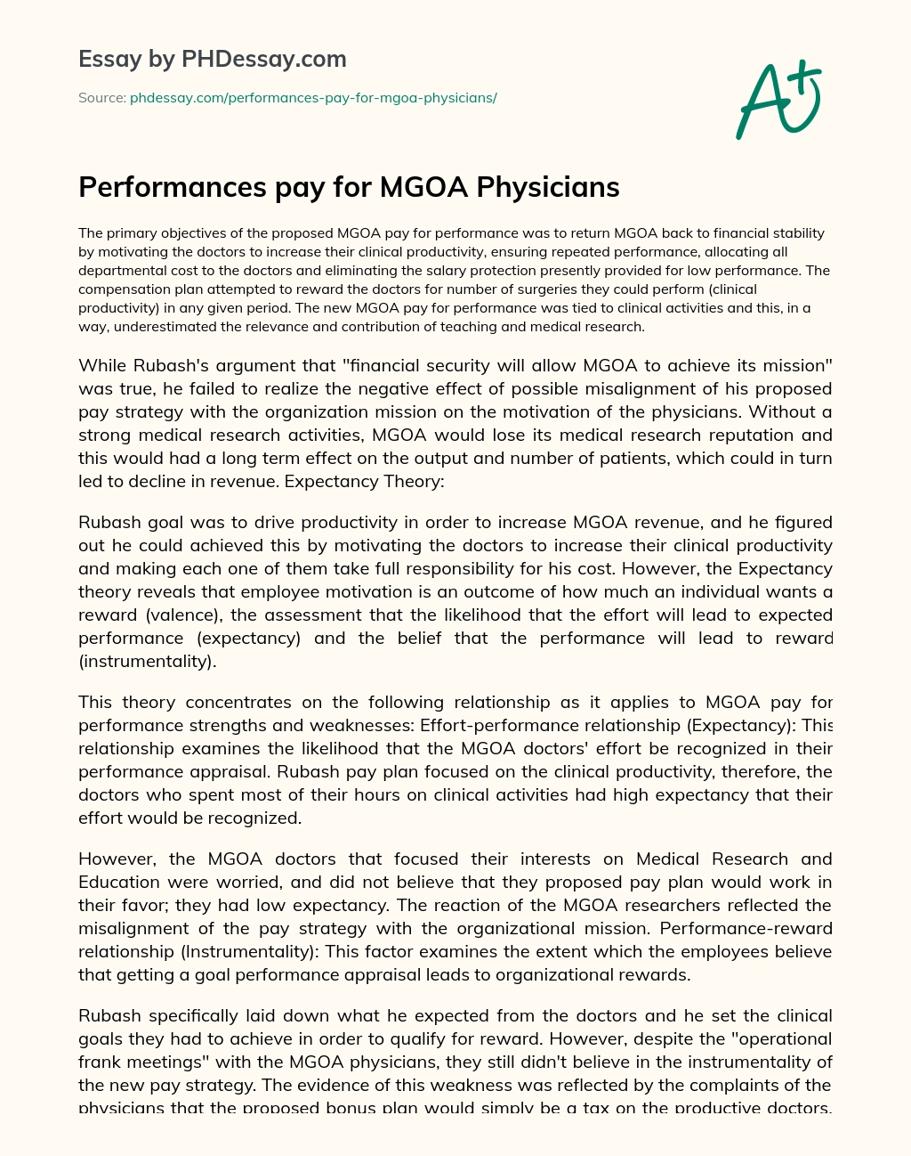 Performances pay for MGOA Physicians essay