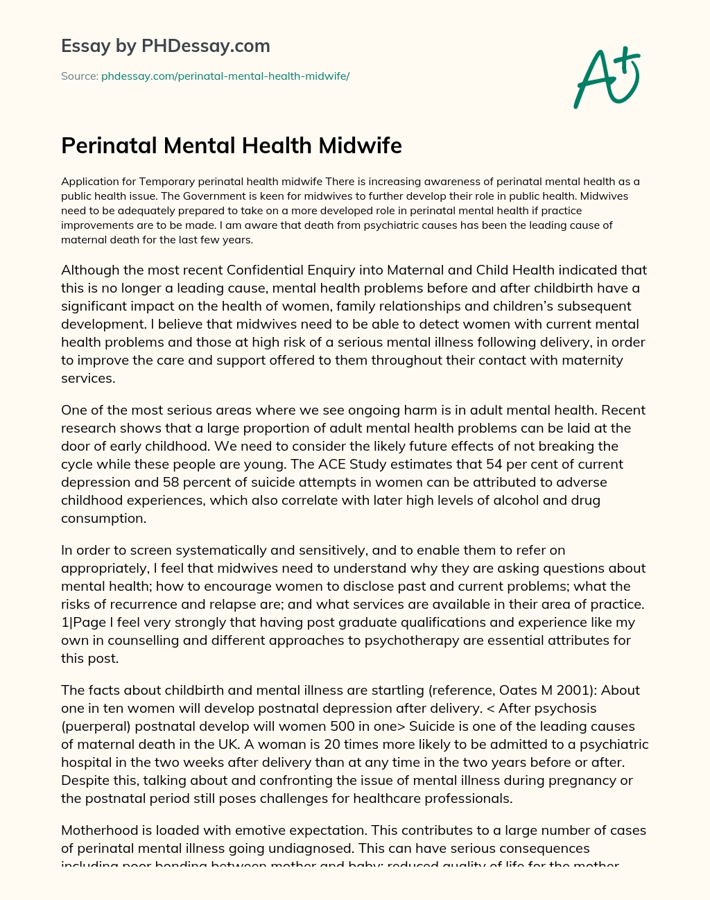 Perinatal Mental Health Midwife essay