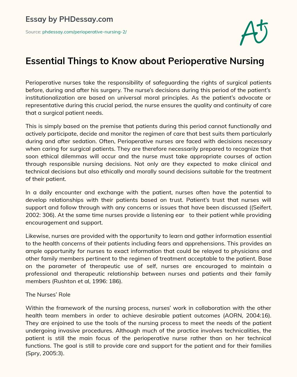 Essential Things to Know about Perioperative Nursing essay
