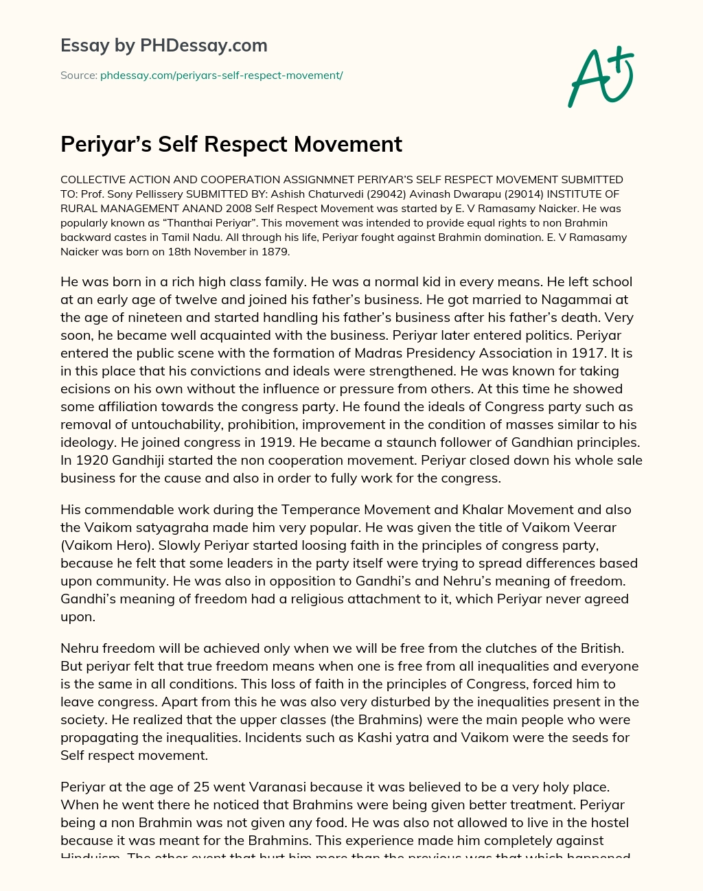 Periyar’s Self Respect Movement essay