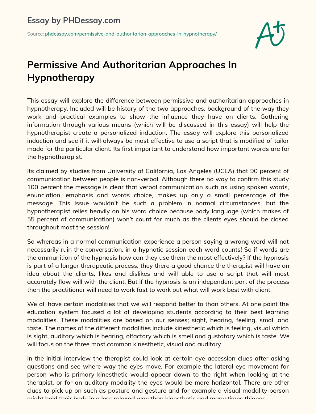 Permissive And Authoritarian Approaches In Hypnotherapy essay