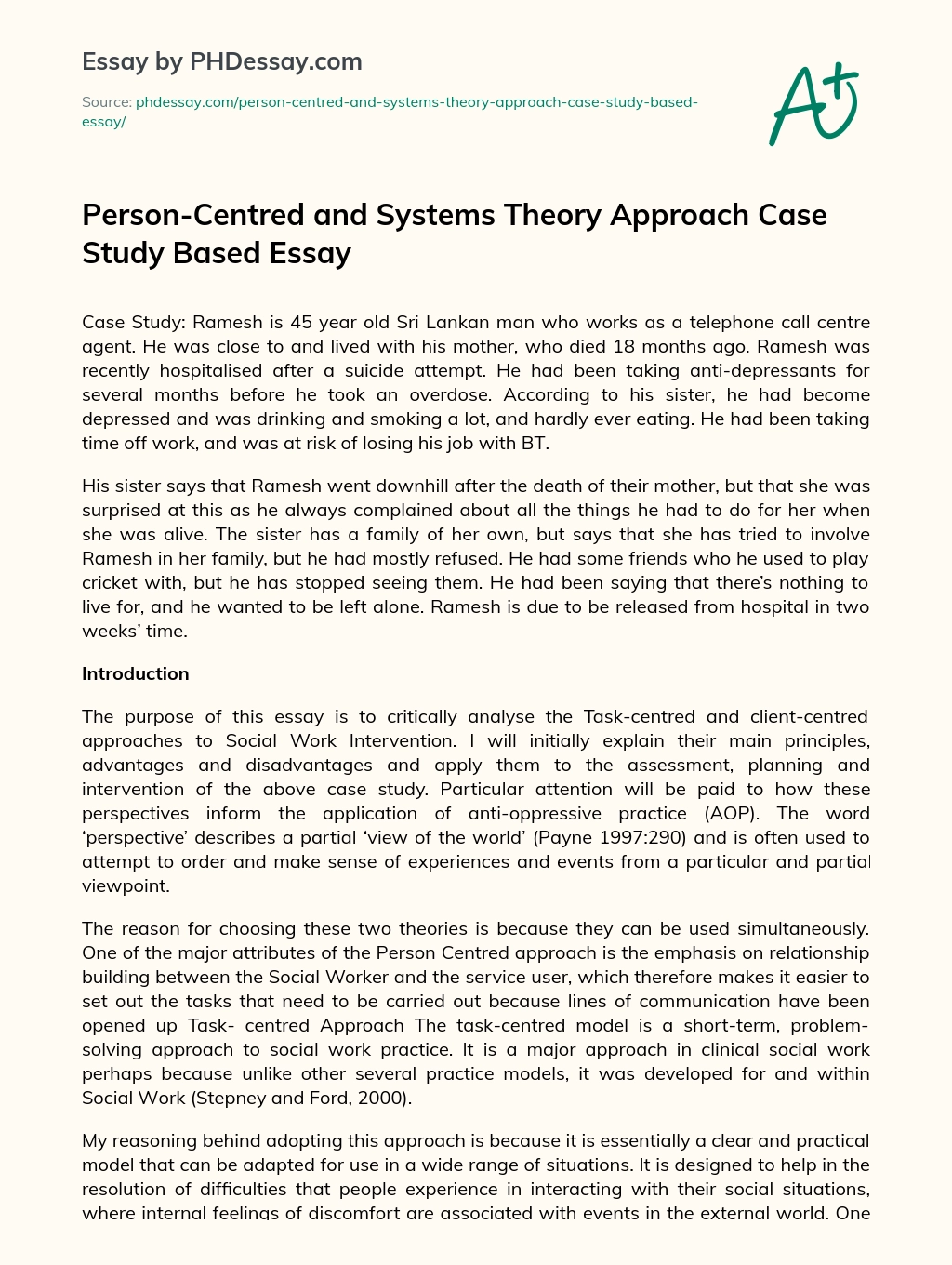 Person-Centred and Systems Theory Approach Case Study Based Essay essay