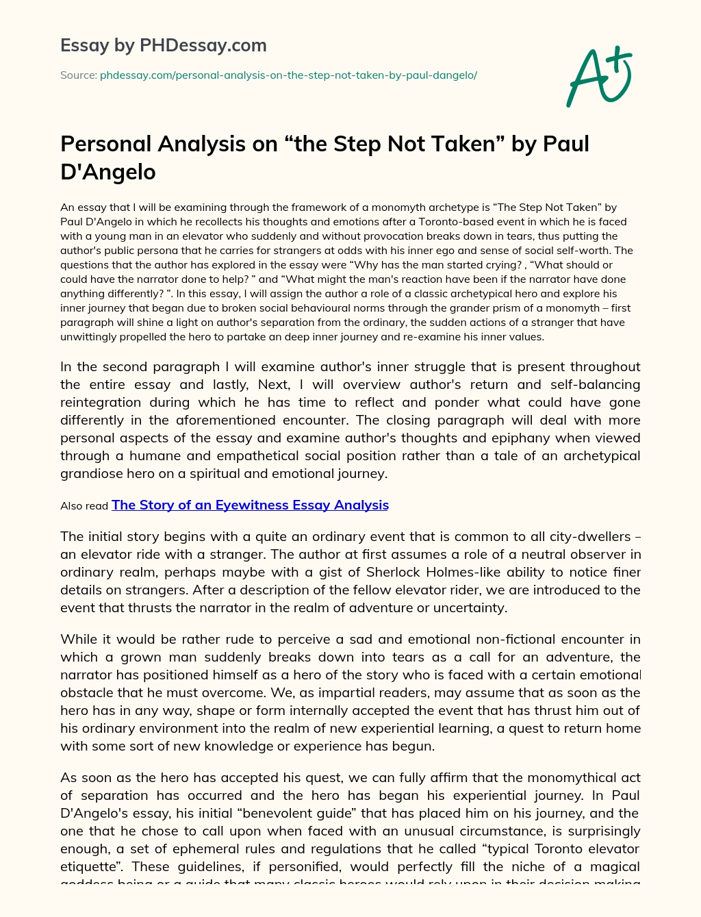 Personal Analysis on “the Step Not Taken” by Paul D’Angelo essay