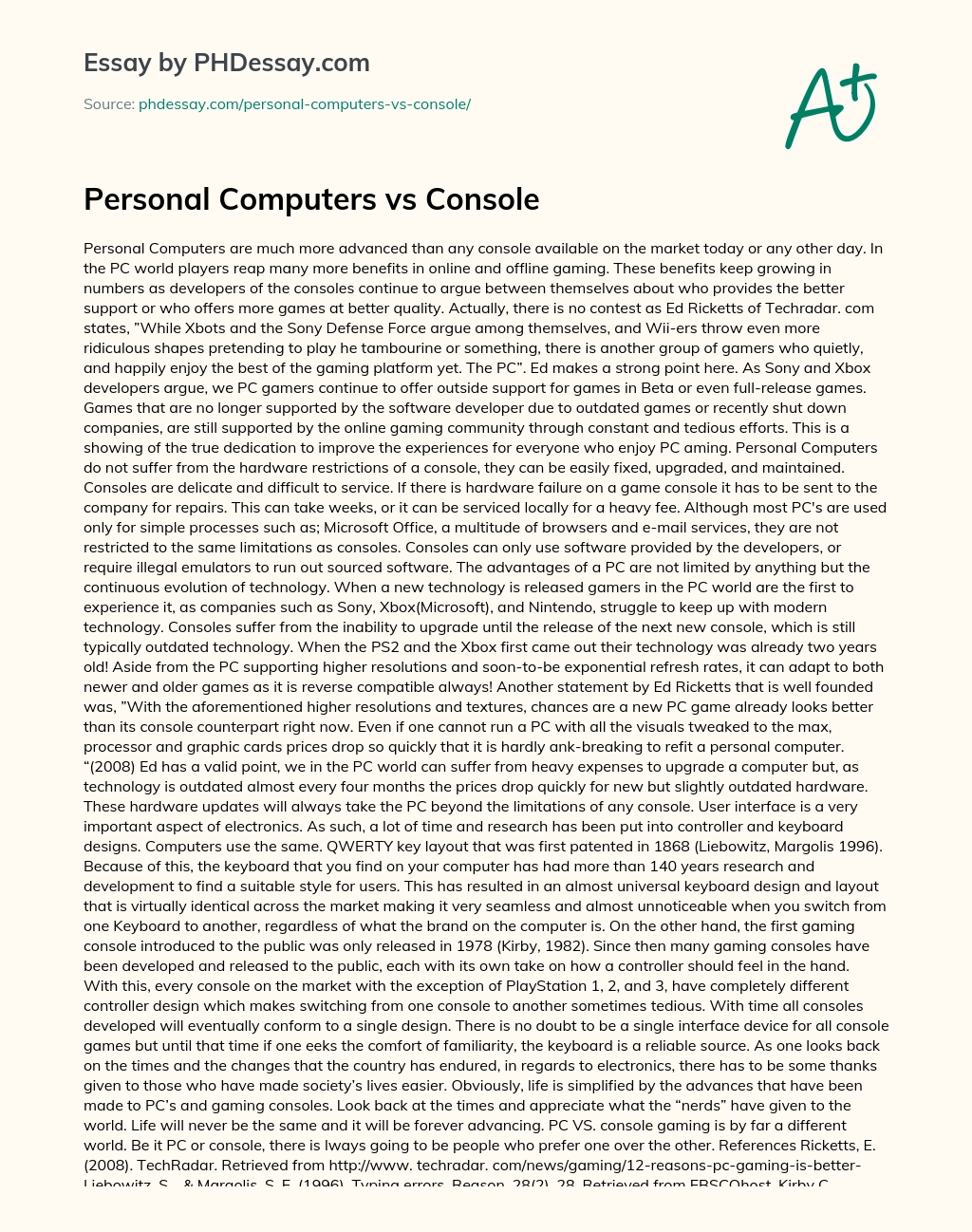 Personal Computers vs Console essay