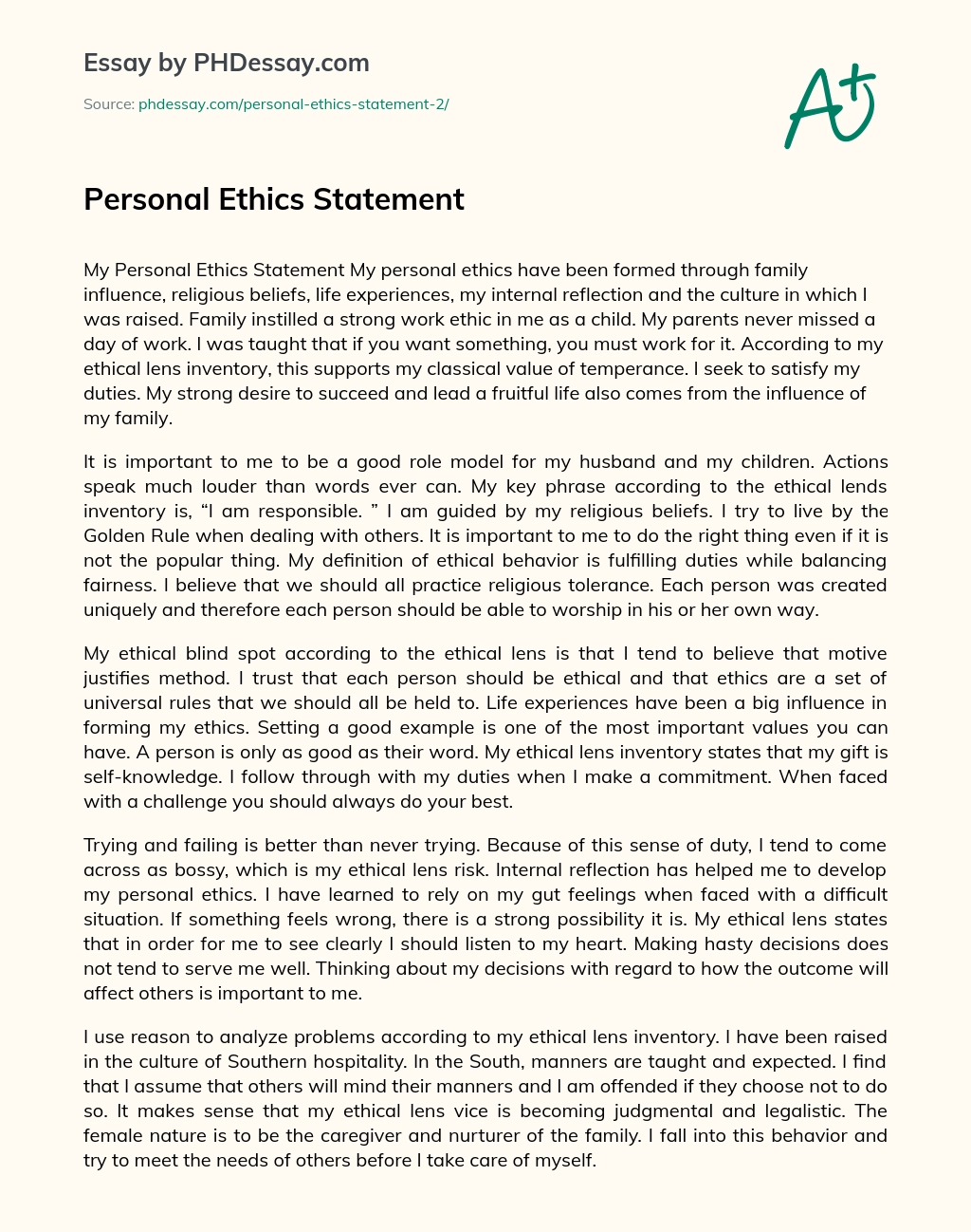 Personal Ethics Statement essay