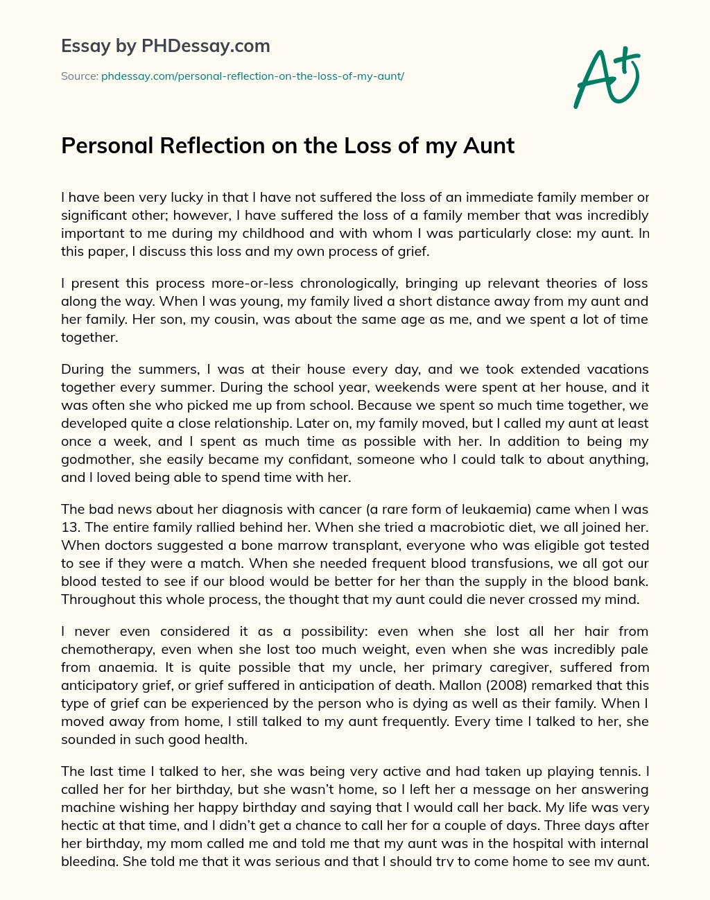 Personal Reflection on the Loss of my Aunt essay
