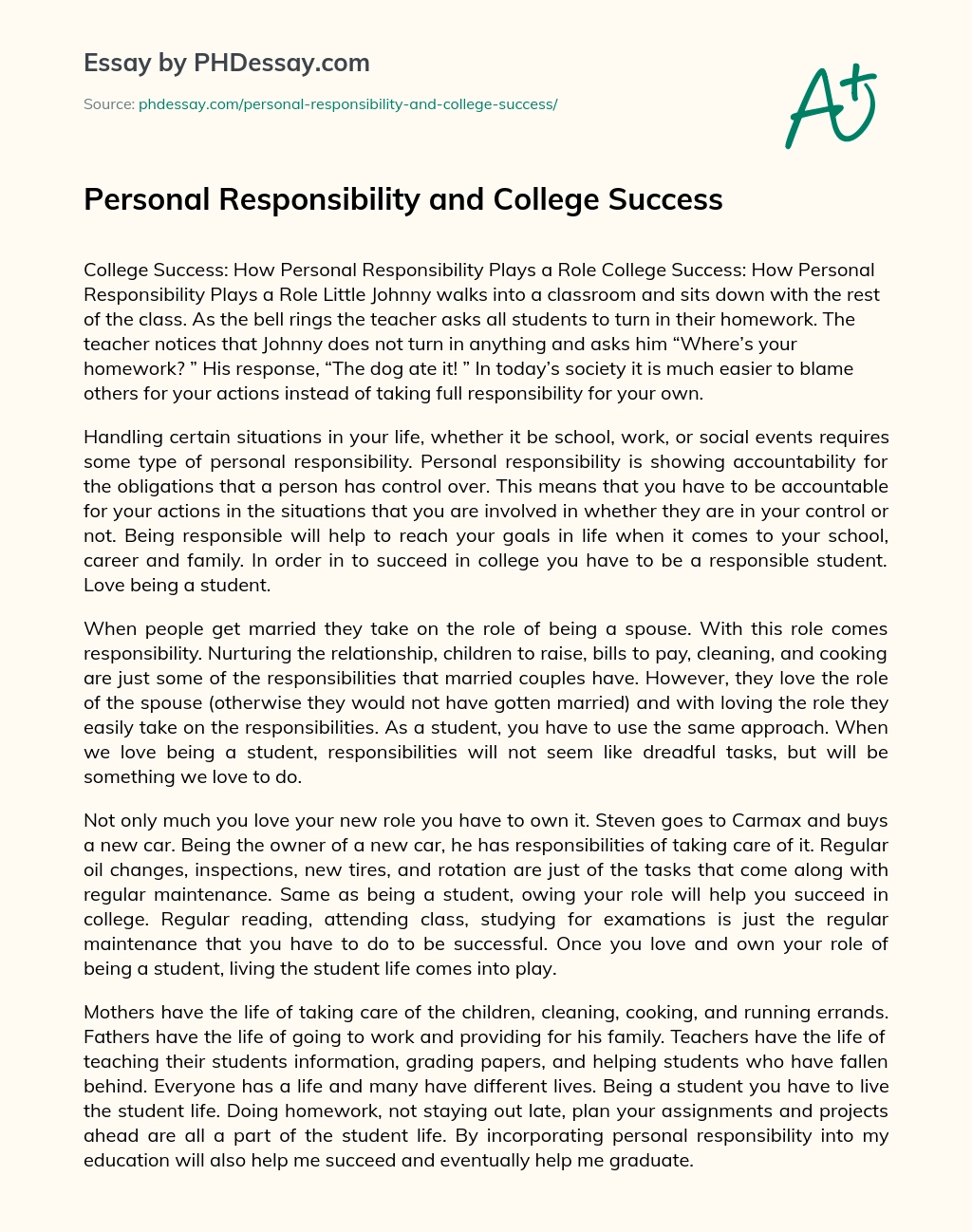 Personal Responsibility and College Success essay